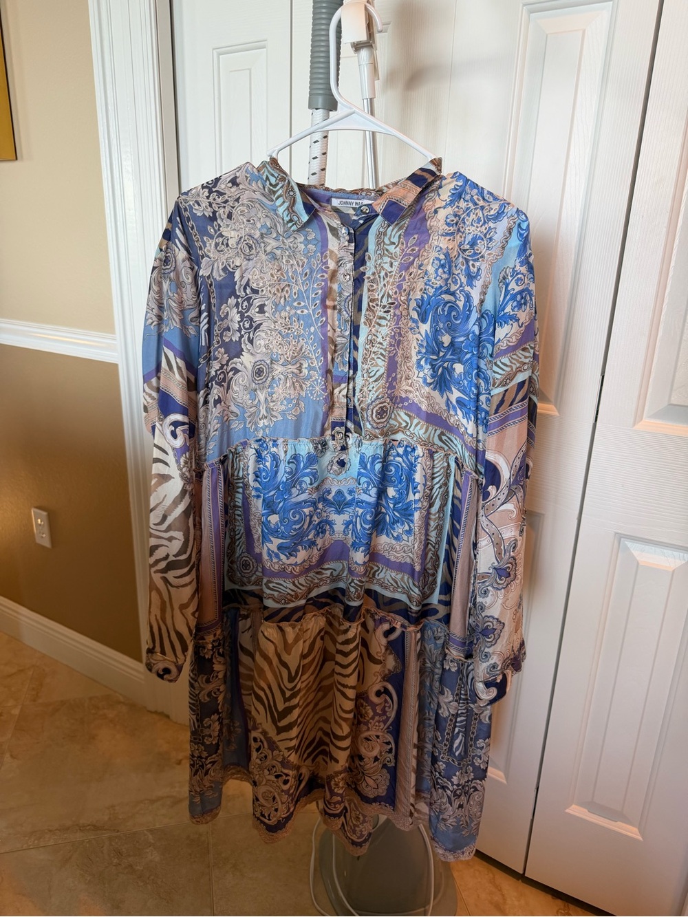 Johnny Was Blue and Beige Printed Long-Sleeve Tiered Dress